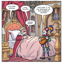 A humorous comic strip illustrating a king just waking up in an extravagant royal bed, with rumpled sheets and a slightly bewildered expression