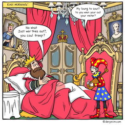 A humorous comic strip illustrating a king just waking up in an extravagant royal bed, with rumpled sheets and a slightly bewildered expression