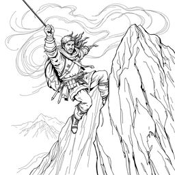 A striking line drawing of a medieval adventurer hanging off the edge of a cliff on the side of a rugged mountain, struggling against fierce winds