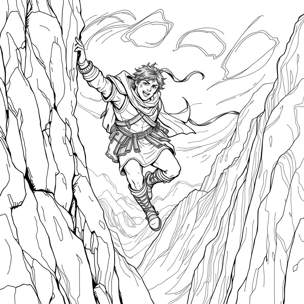 A striking line drawing of a medieval adventurer hanging off the edge of a cliff on the side of a rugged mountain, struggling against fierce winds