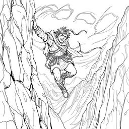 A striking line drawing of a medieval adventurer hanging off the edge of a cliff on the side of a rugged mountain, struggling against fierce winds
