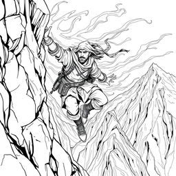 A striking line drawing of a medieval adventurer hanging off the edge of a cliff on the side of a rugged mountain, struggling against fierce winds