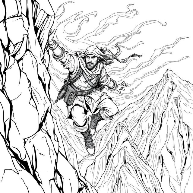 A striking line drawing of a medieval adventurer hanging off the edge of a cliff on the side of a rugged mountain, struggling against fierce winds