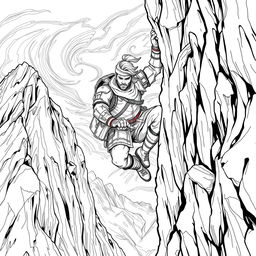 A striking line drawing of a medieval adventurer hanging off the edge of a cliff on the side of a rugged mountain, struggling against fierce winds