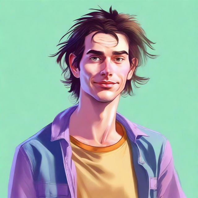 A realistic, high-quality digital art image of a dorky adult with lanky features, acne scars, and greasy hair