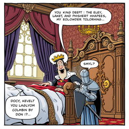 A hilarious comic panel showing a king just waking up in his grand royal bed, looking groggy with a comically oversized crown slipping off his head