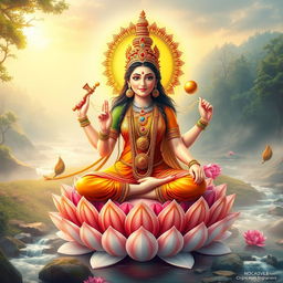 A serene and vibrant depiction of Gayatri Mata, embodying divine energy and wisdom