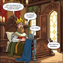 A hilarious comic panel showing a king just waking up in his grand royal bed, looking groggy with a comically oversized crown slipping off his head