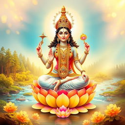 A serene and vibrant depiction of Gayatri Mata, embodying divine energy and wisdom