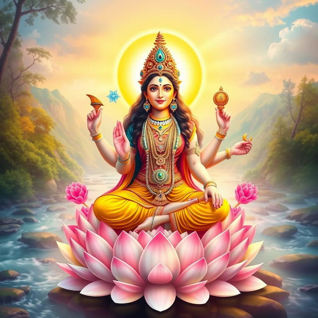 A serene and vibrant depiction of Gayatri Mata, embodying divine energy and wisdom