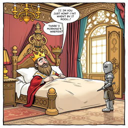 A hilarious comic panel showing a king just waking up in his grand royal bed, looking groggy with a comically oversized crown slipping off his head