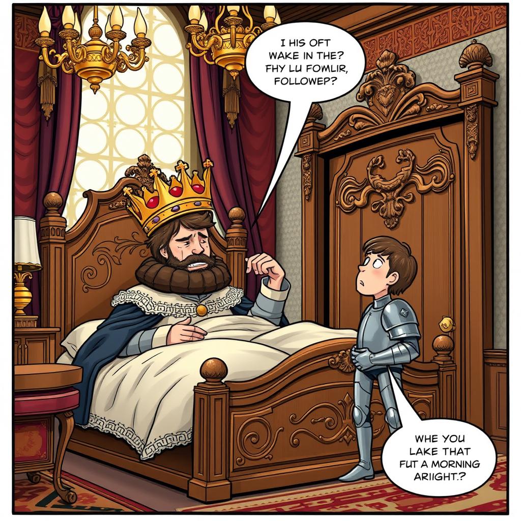 A hilarious comic panel showing a king just waking up in his grand royal bed, looking groggy with a comically oversized crown slipping off his head