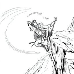 A dramatic line drawing of a suffering medieval adventurer hanging precariously off the edge of a cliff on a steep mountain, looking up with a desperate expression as they struggle against the fierce wind