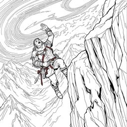 A dramatic line drawing of a suffering medieval adventurer hanging precariously off the edge of a cliff on a steep mountain, looking up with a desperate expression as they struggle against the fierce wind
