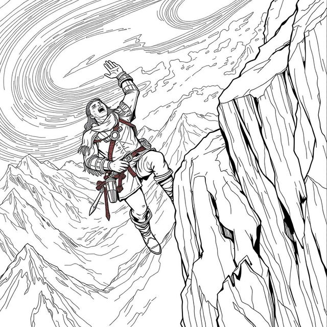 A dramatic line drawing of a suffering medieval adventurer hanging precariously off the edge of a cliff on a steep mountain, looking up with a desperate expression as they struggle against the fierce wind