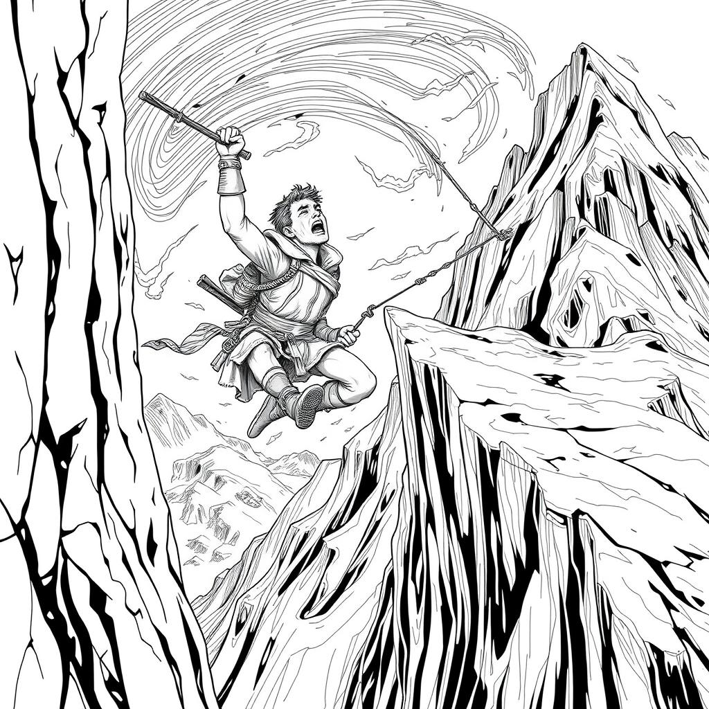 A dramatic line drawing of a suffering medieval adventurer hanging precariously off the edge of a cliff on a steep mountain, looking up with a desperate expression as they struggle against the fierce wind