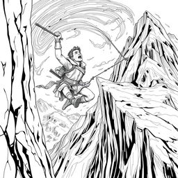A dramatic line drawing of a suffering medieval adventurer hanging precariously off the edge of a cliff on a steep mountain, looking up with a desperate expression as they struggle against the fierce wind
