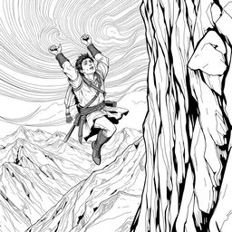 A dramatic line drawing of a suffering medieval adventurer hanging precariously off the edge of a cliff on a steep mountain, looking up with a desperate expression as they struggle against the fierce wind