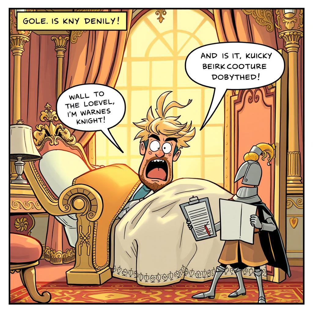 A whimsical comic panel showcasing a king just waking up in his opulent royal bed, with tousled hair and a surprised expression