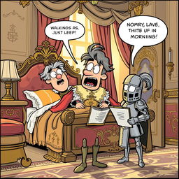 A whimsical comic panel showcasing a king just waking up in his opulent royal bed, with tousled hair and a surprised expression