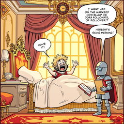 A whimsical comic panel showcasing a king just waking up in his opulent royal bed, with tousled hair and a surprised expression