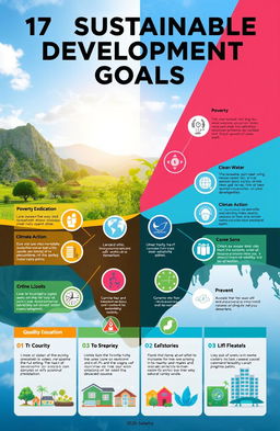 A visually engaging infographic showcasing the 17 Sustainable Development Goals (SDGs) presented in a vibrant and colorful manner