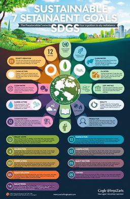 A visually engaging infographic showcasing the 17 Sustainable Development Goals (SDGs) presented in a vibrant and colorful manner