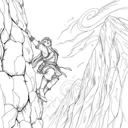 A vivid line drawing of a medieval adventurer hanging perilously off a cliff on the side of a steep mountain, gripping the rocky edge with one hand while looking up with a desperate yet determined expression
