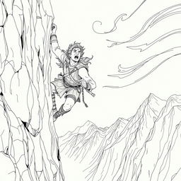 A vivid line drawing of a medieval adventurer hanging perilously off a cliff on the side of a steep mountain, gripping the rocky edge with one hand while looking up with a desperate yet determined expression