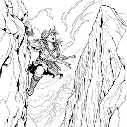 A vivid line drawing of a medieval adventurer hanging perilously off a cliff on the side of a steep mountain, gripping the rocky edge with one hand while looking up with a desperate yet determined expression