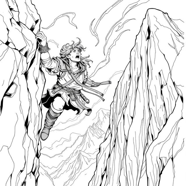 A vivid line drawing of a medieval adventurer hanging perilously off a cliff on the side of a steep mountain, gripping the rocky edge with one hand while looking up with a desperate yet determined expression