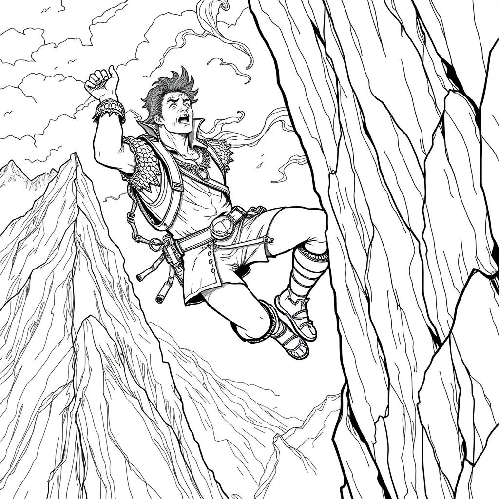 A vivid line drawing of a medieval adventurer hanging perilously off a cliff on the side of a steep mountain, gripping the rocky edge with one hand while looking up with a desperate yet determined expression