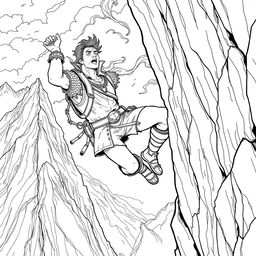 A vivid line drawing of a medieval adventurer hanging perilously off a cliff on the side of a steep mountain, gripping the rocky edge with one hand while looking up with a desperate yet determined expression