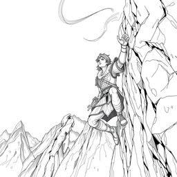 A captivating line drawing of a medieval adventurer hanging off the edge of a cliff on the side of a steep mountain, gripping the rocky surface with one hand while looking up with a determined yet strained expression
