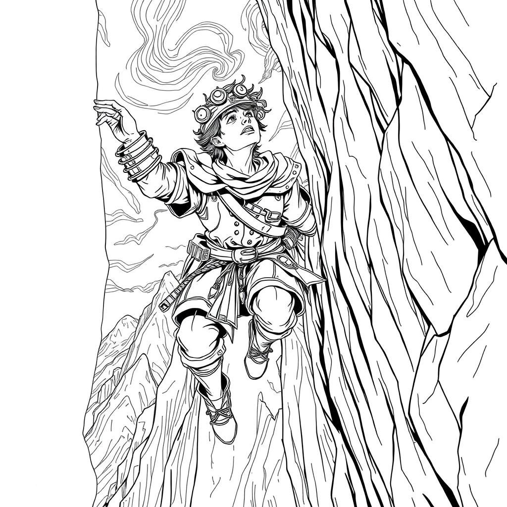A captivating line drawing of a medieval adventurer hanging off the edge of a cliff on the side of a steep mountain, gripping the rocky surface with one hand while looking up with a determined yet strained expression