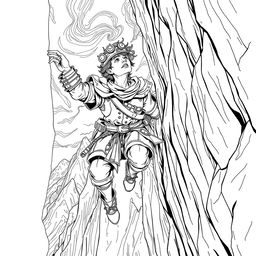 A captivating line drawing of a medieval adventurer hanging off the edge of a cliff on the side of a steep mountain, gripping the rocky surface with one hand while looking up with a determined yet strained expression