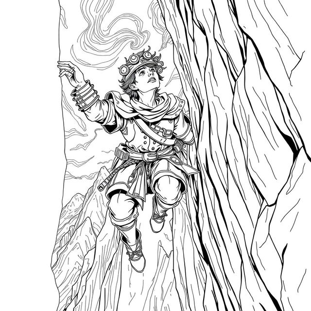 A captivating line drawing of a medieval adventurer hanging off the edge of a cliff on the side of a steep mountain, gripping the rocky surface with one hand while looking up with a determined yet strained expression
