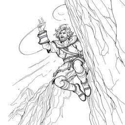 A captivating line drawing of a medieval adventurer hanging off the edge of a cliff on the side of a steep mountain, gripping the rocky surface with one hand while looking up with a determined yet strained expression