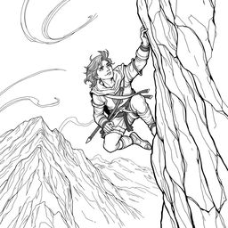 A captivating line drawing of a medieval adventurer hanging off the edge of a cliff on the side of a steep mountain, gripping the rocky surface with one hand while looking up with a determined yet strained expression