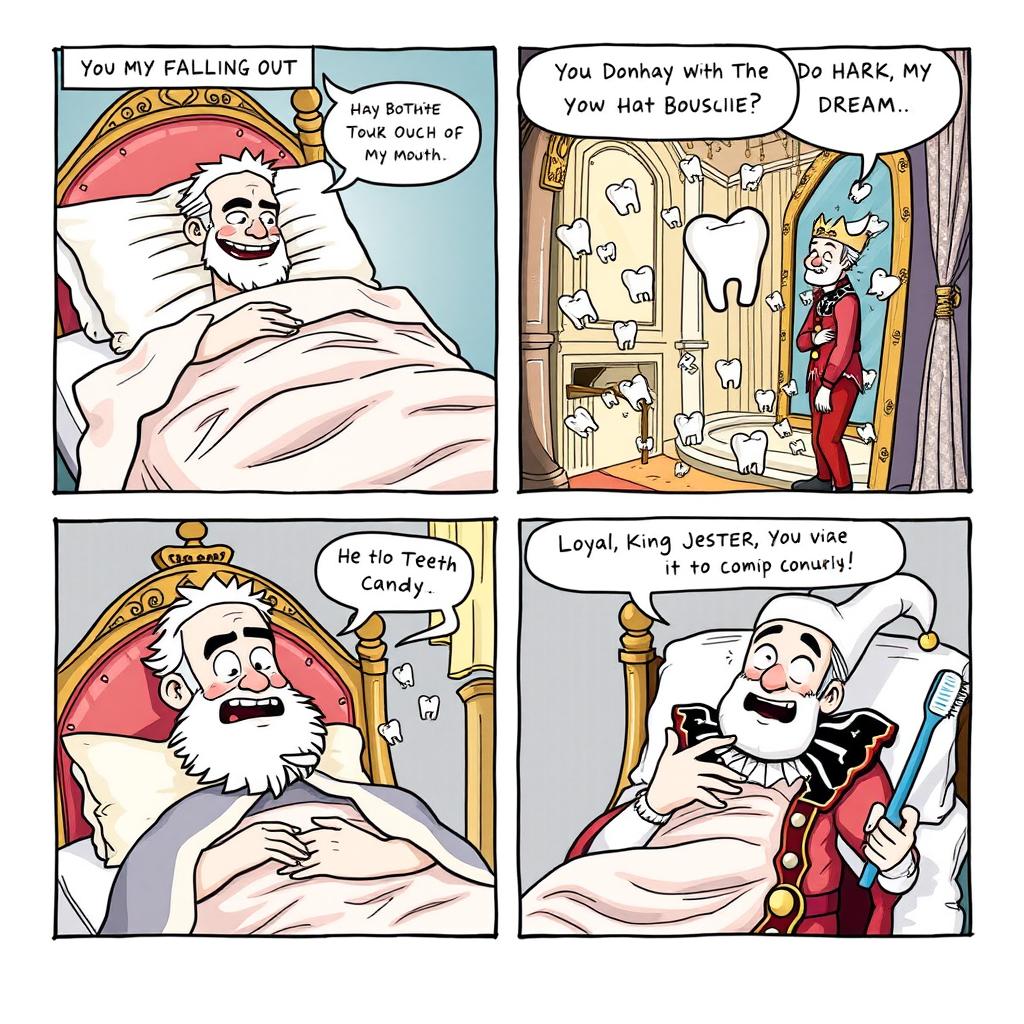 A comical comic strip depicting a king experiencing a surreal dream where his teeth are hilariously falling out