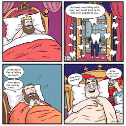 A comical comic strip depicting a king experiencing a surreal dream where his teeth are hilariously falling out