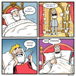 A comical comic strip depicting a king experiencing a surreal dream where his teeth are hilariously falling out