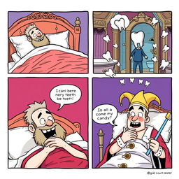 A comical comic strip depicting a king experiencing a surreal dream where his teeth are hilariously falling out