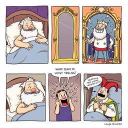 A funny comic strip illustrating a king who is dreaming about his teeth falling out