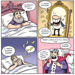A funny comic strip illustrating a king who is dreaming about his teeth falling out
