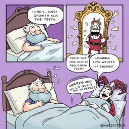 A funny comic strip illustrating a king who is dreaming about his teeth falling out