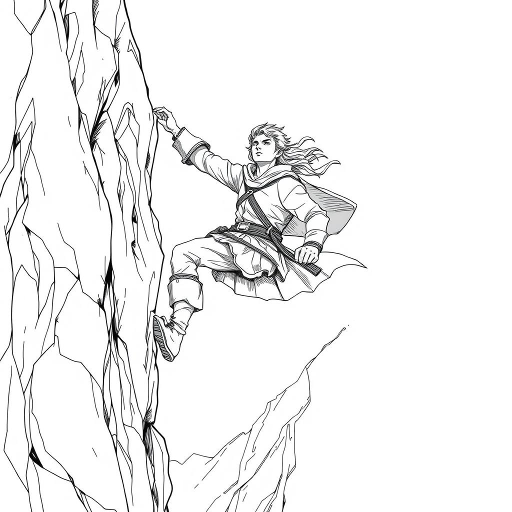 A captivating line drawing of an adventurer hanging off a cliff on the side of a rugged mountain