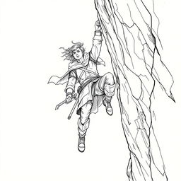 A captivating line drawing of an adventurer hanging off a cliff on the side of a rugged mountain