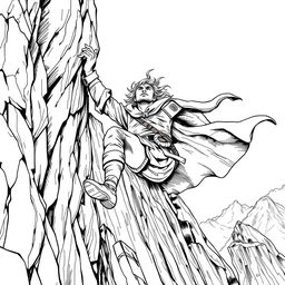 A captivating line drawing of an adventurer hanging off a cliff on the side of a rugged mountain