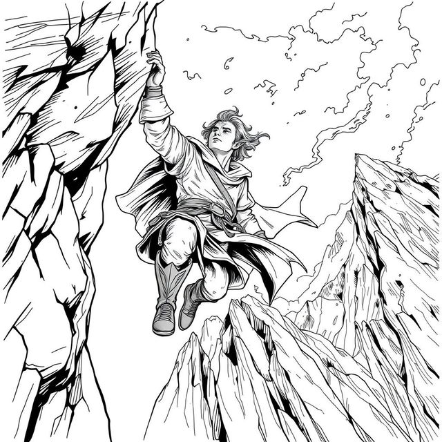 A captivating line drawing of an adventurer hanging off a cliff on the side of a rugged mountain